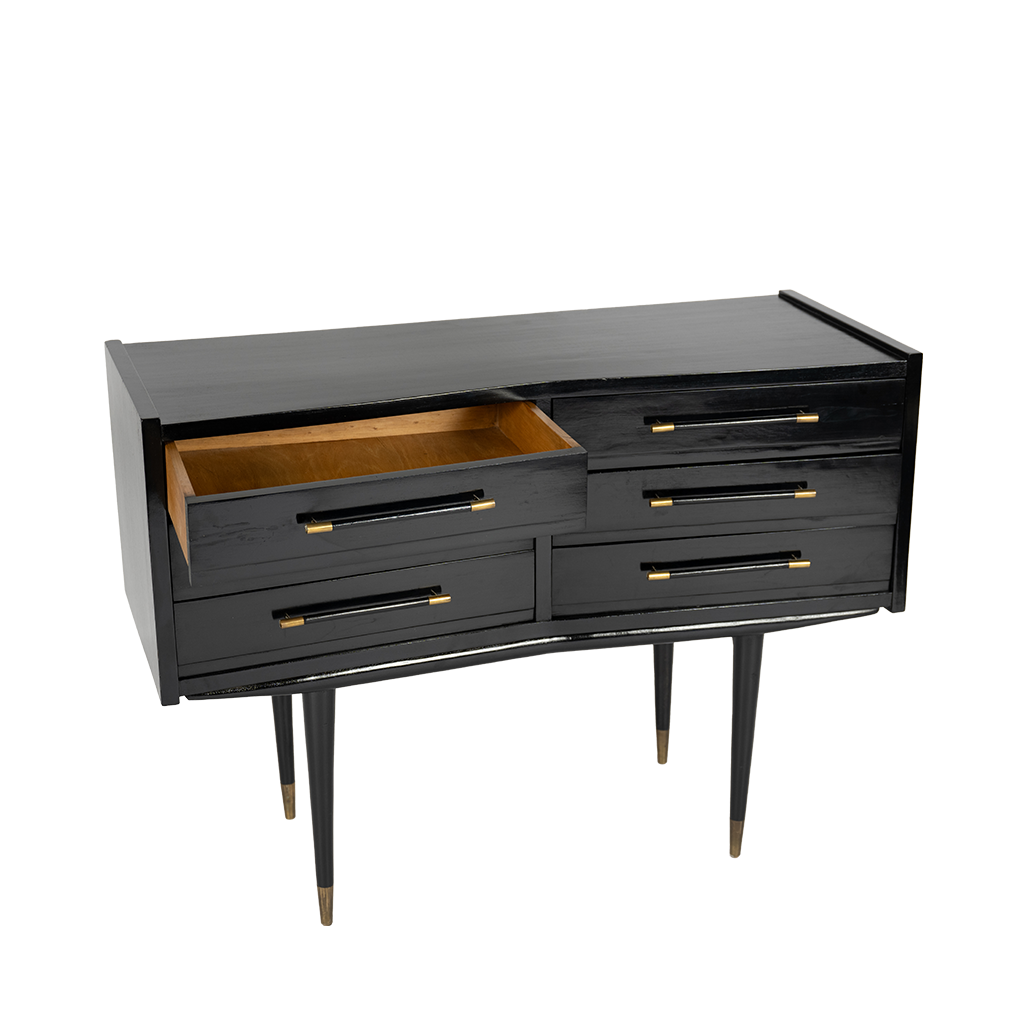 A vintage black chest with black and gold handles on each of the 6 drawers