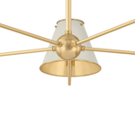 A modern chandelier with a brushed gold metal frame and a white fabric cone shade, shown against a plain white background.