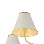 A close-up of a modern wall sconce featuring tapered off-white fabric shades and polished gold metal hardware, including the shade rims and curved arm.