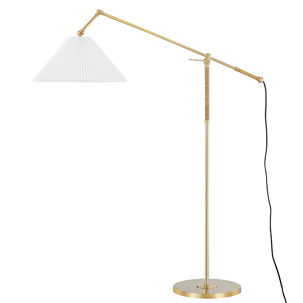 A modern floor lamp with a gold-finished adjustable metal stand, a white pleated conical shade, and a black power cord, shown on a plain white background.