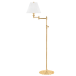A modern adjustable floor lamp with a polished gold-finished metal frame and a white tapered fabric shade, shown against a plain white background.