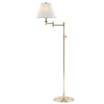 A modern adjustable floor lamp with a polished brass-finished metal stand and a white pleated fabric lampshade, shown against a plain white background.