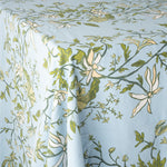 close up image of a blue and green botanical tablecloth