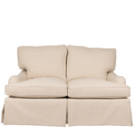 Classic loveseat, made sustainably in the USA. Neutral toned crossweave pattern