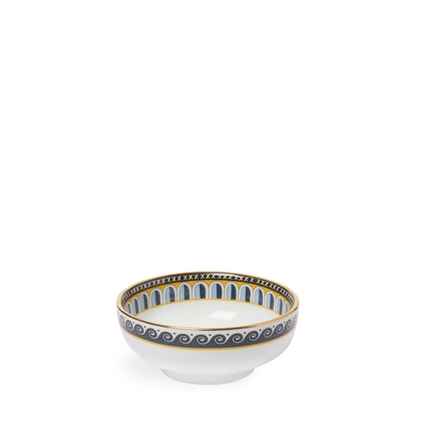 small snack bowl with blue white and gold wave design