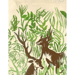 Illustration of deer in a forest with green foliage on a beige background