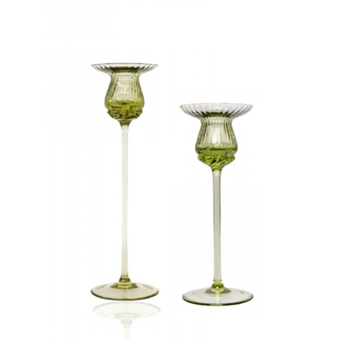 Green glass candlestick pair