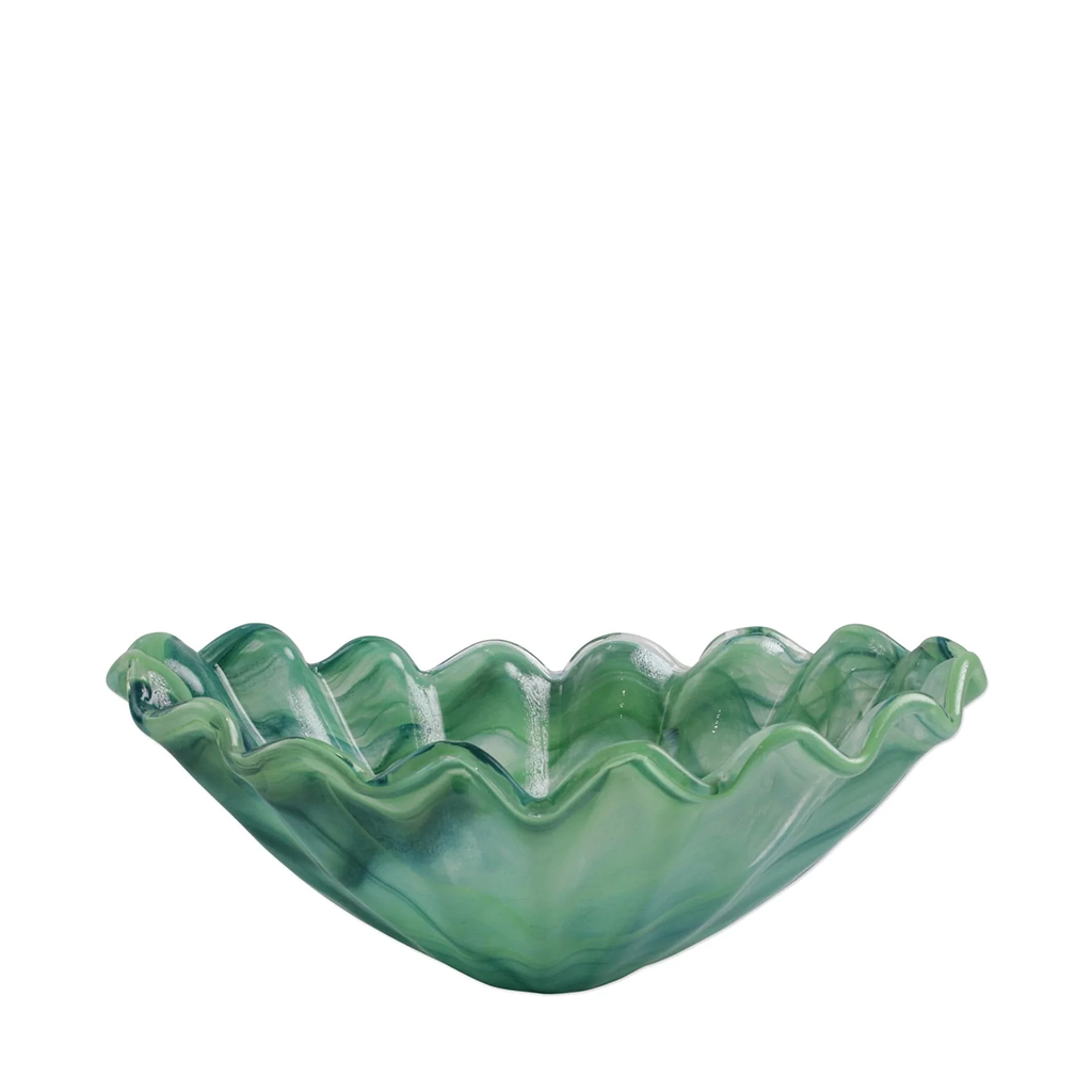 green glass bowl with organic wave design