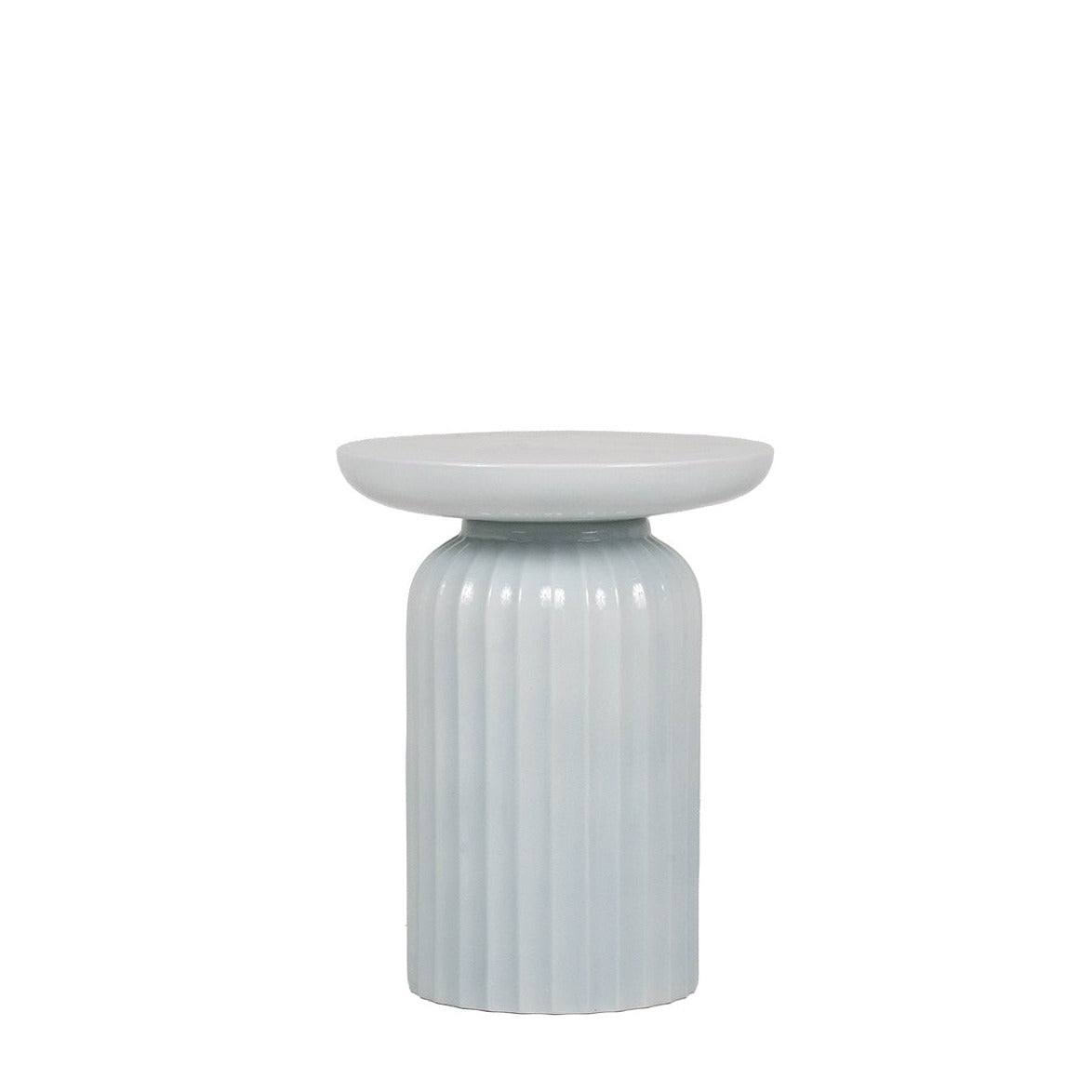 Fluted Table, blue gray ceramic table with fluted design