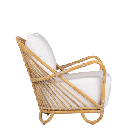 Charlotte Chair, woven rattan chair with white cushions