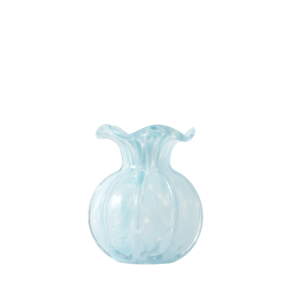 Clear vase with light blue speckled design on a white background
