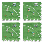 Four square green napkins with scalloped white edges, each printed with a golf course scene featuring a golfer, flag, hole marker, and golf cart.
