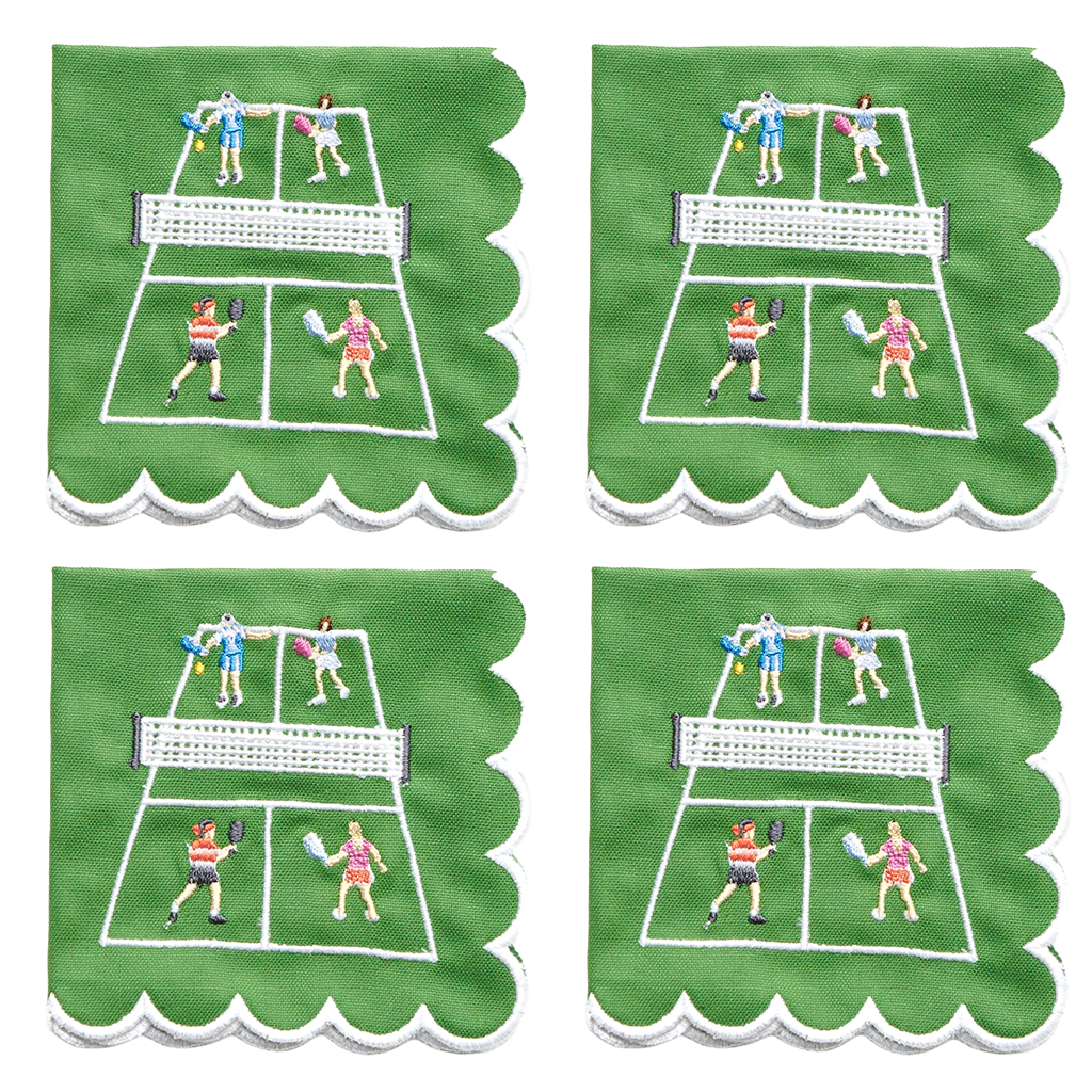 Four green napkins with scalloped edges, each printed with a tennis court scene featuring players, net, and white line details.