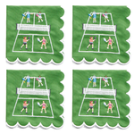 Four green napkins with scalloped edges, each printed with a tennis court scene featuring players, net, and white line details.