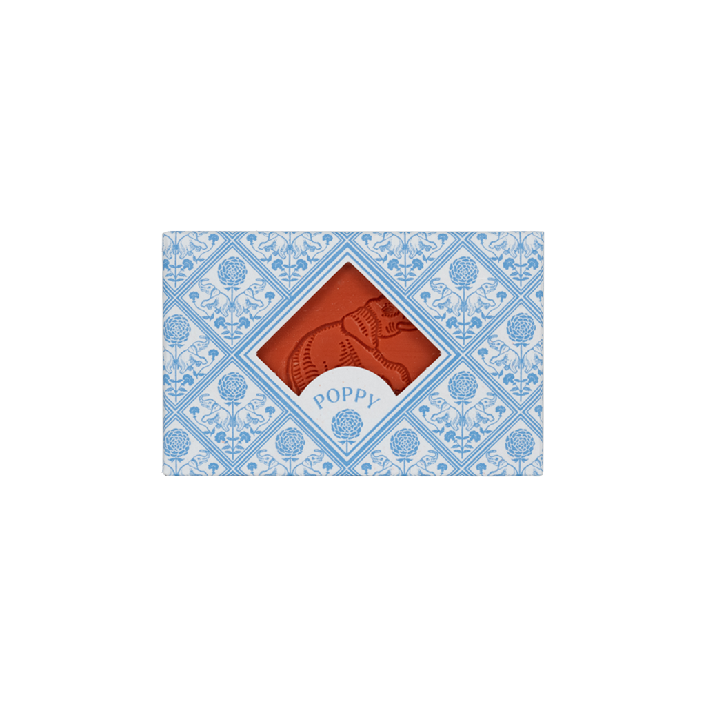 Poppy Soap, blue patterned packaging