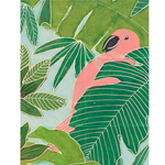 Illustration of a pink parrot among green leaves on a patterned background.