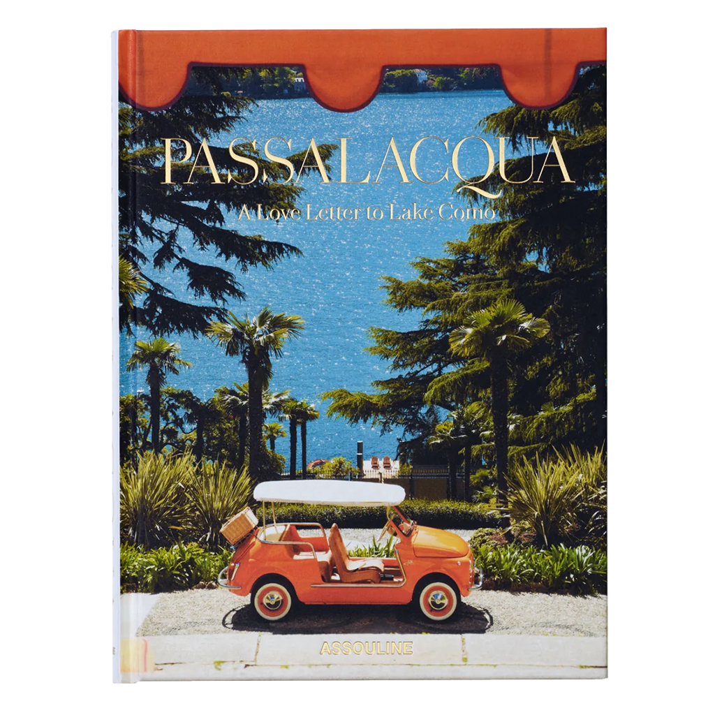 Book cover of 'Passalacqua: A Love Letter to Lake Como' with a scenic illustration of a car and people on a lake.