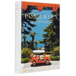 Book cover with an orange vintage car and trees, featuring the hotel 'Passalacqua'.