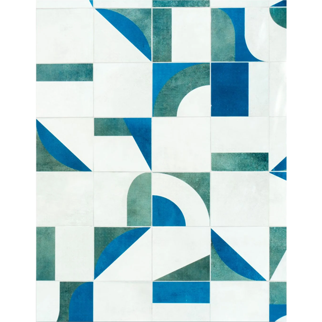 Geometric pattern with blue and green shapes on a white background