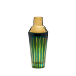 Cocktail shaker with gold top and green striped body on a white background