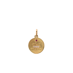 Gold pendant with engraved text and gemstones on a white background