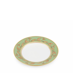Decorative plate with green rim and gold floral patterns on a white background