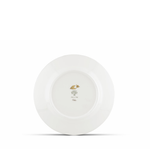 White ceramic plate with a gold logo on a white background