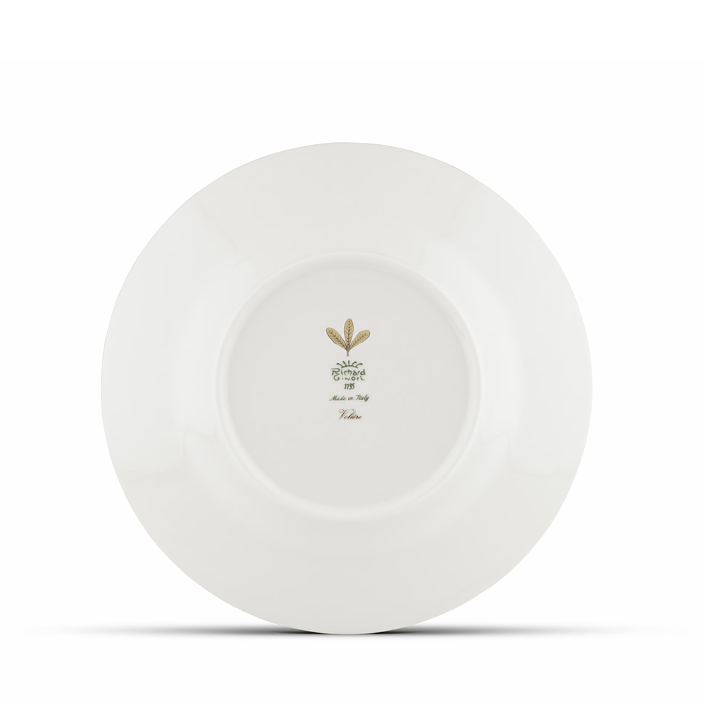 White ceramic plate with a logo on a white background
