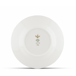 White ceramic plate with a logo on a white background