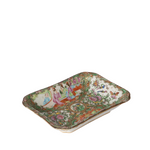 A rectangular ceramic dish with rounded corners, decorated with a colorful Chinese-style landscape and figure scene in a traditional hand-painted style.