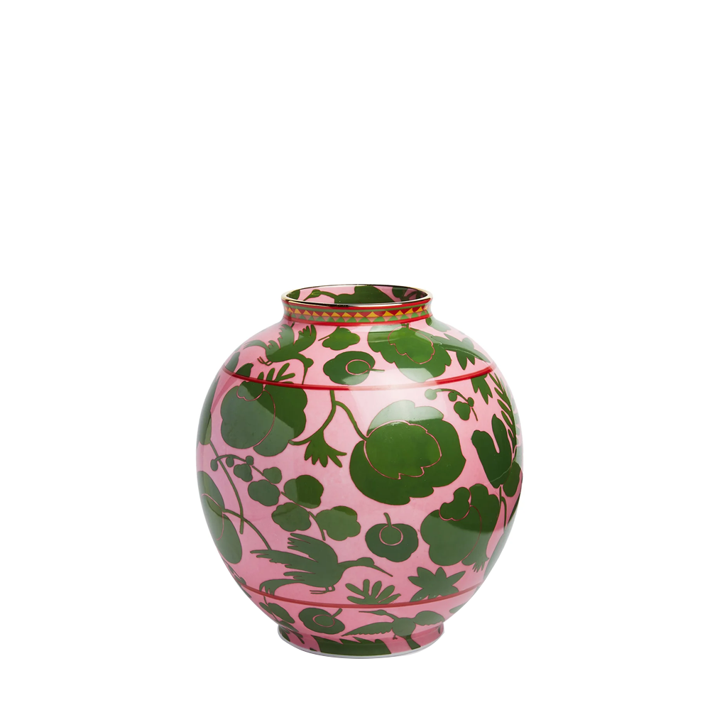 green and pink vase with wildbird print