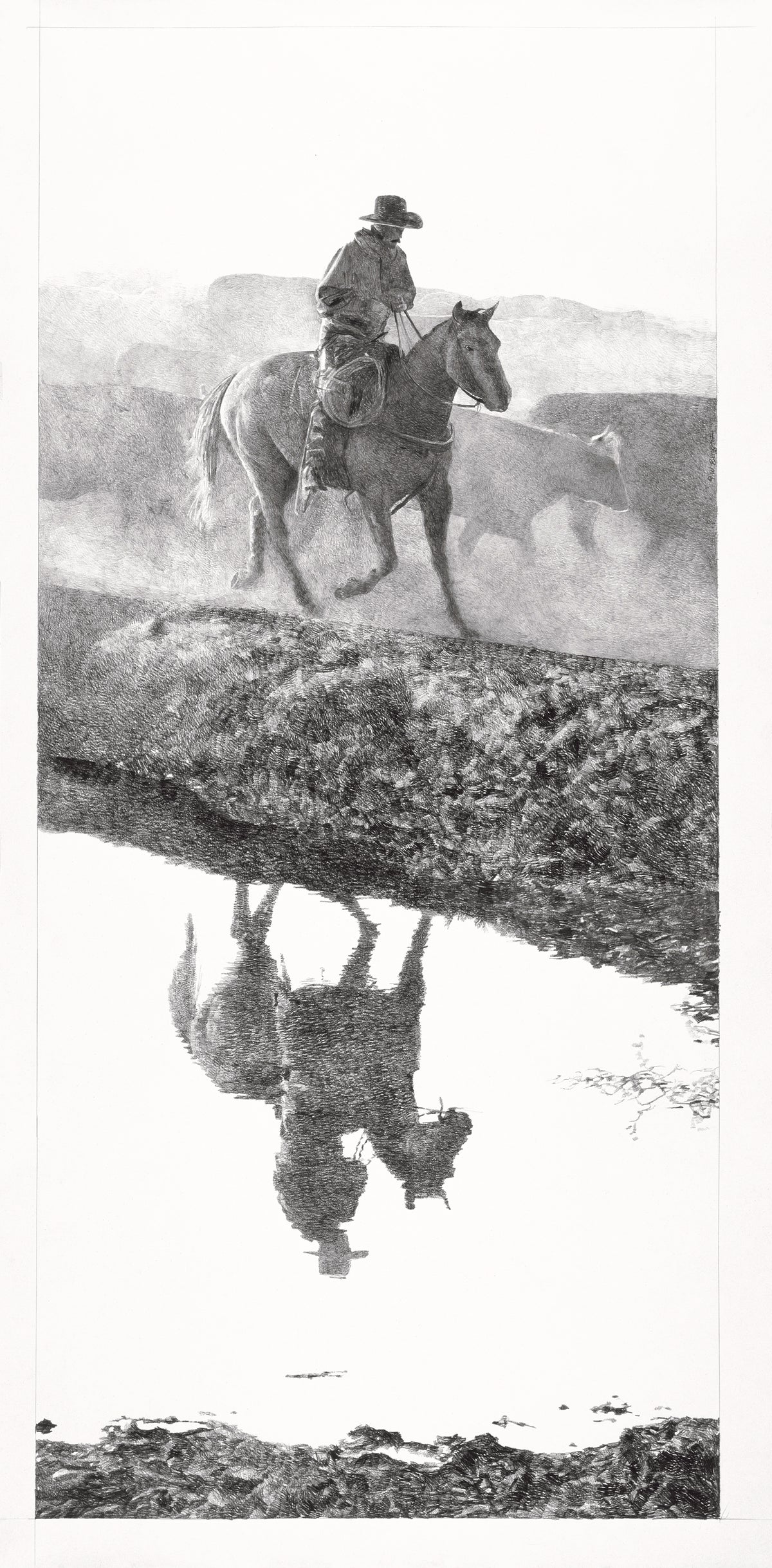 Man riding a horse reflected in water with mountains in the background