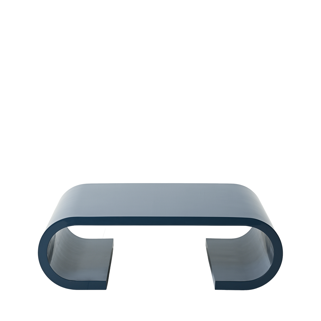 Blue coffee table with a curved design on a white background