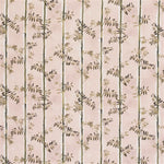 A repeating botanical pattern featuring vertical bamboo-like green stems with small dark olive and tan leaves on a soft blush pink background.