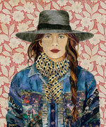 Portrait collage of a woman with light eyes wearing a wide-brim hat, patterned scarf, and denim shirt jacket.