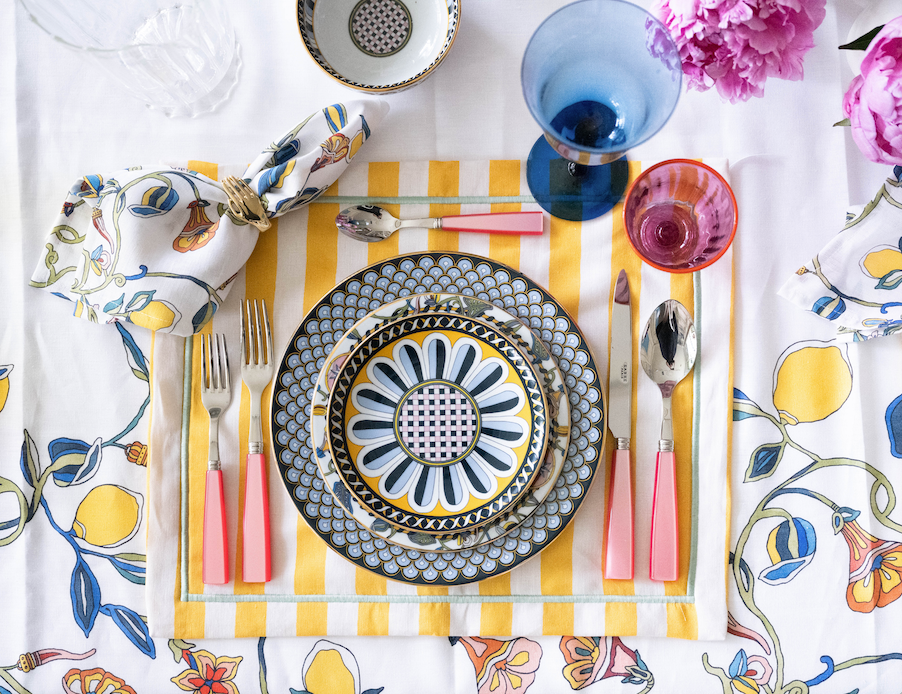 tablecloth being used with a full place setting