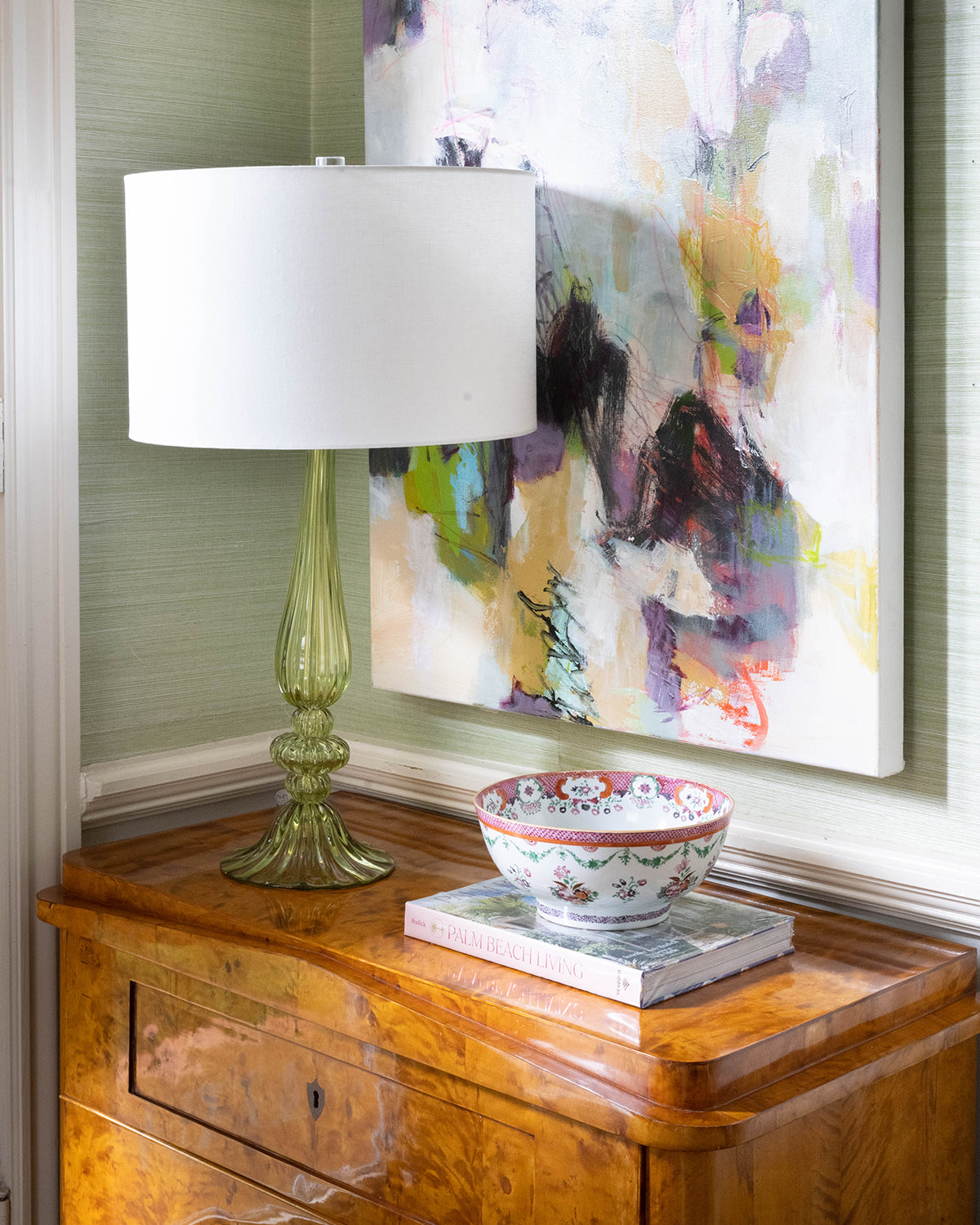 custom green murano lamp on side table