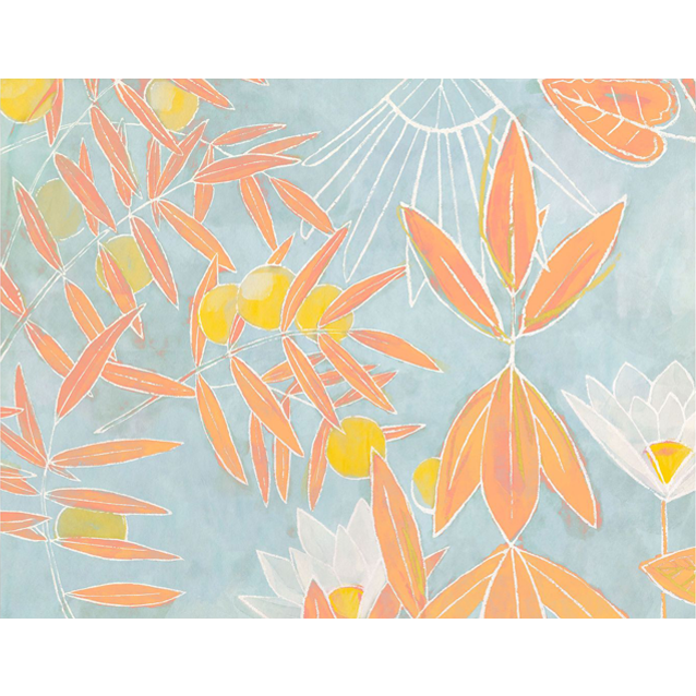 Art print with orange leaves and white flowers on a light blue background