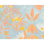 Art print with orange leaves and white flowers on a light blue background