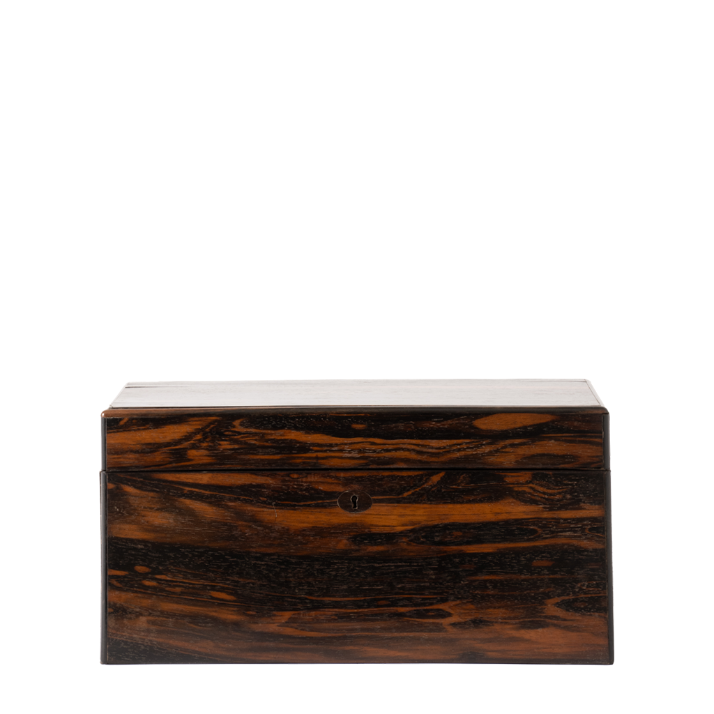A rectangular wooden storage box with a dark brown and black zebra wood grain pattern, featuring a small round metal lock on the front, set against a plain white background.