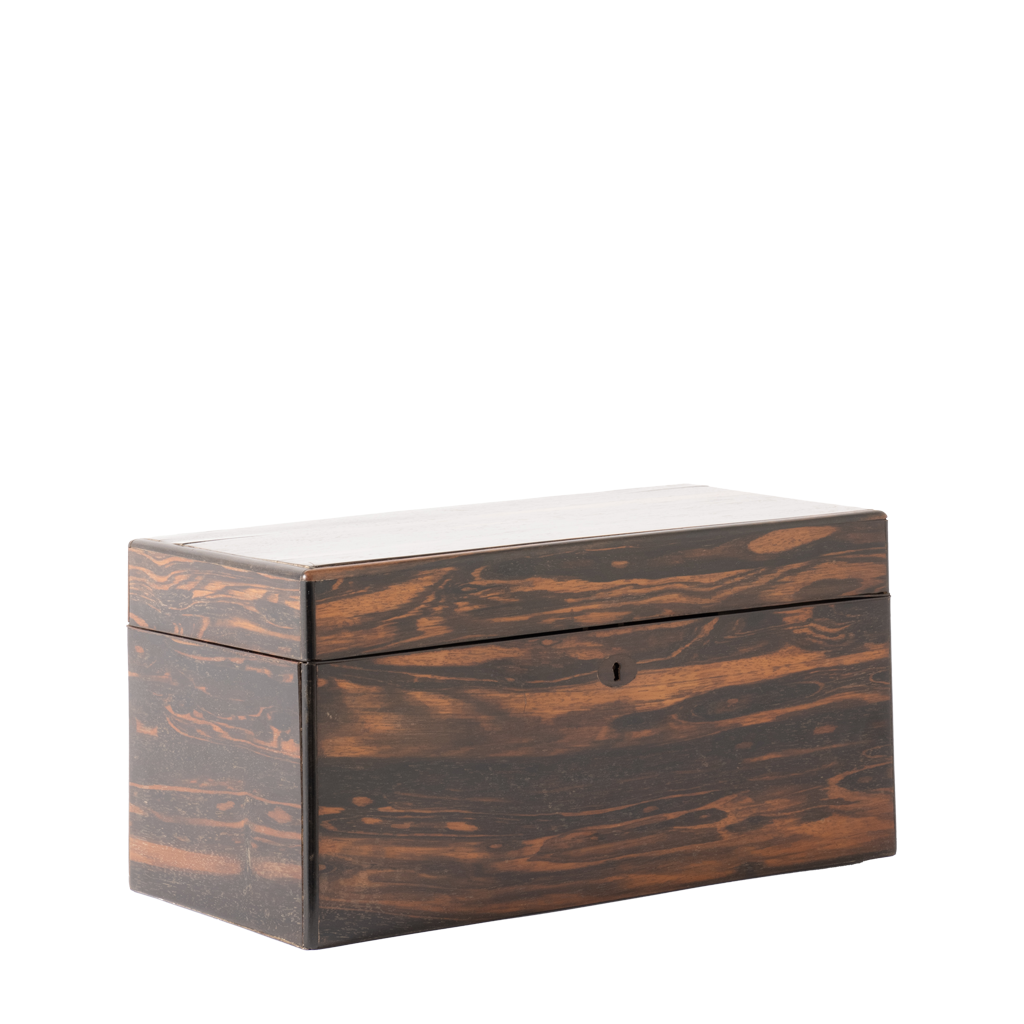 A rectangular wooden storage box with a dark brown and black marbled wood grain pattern and a light-colored top lid, shown on a plain white background.