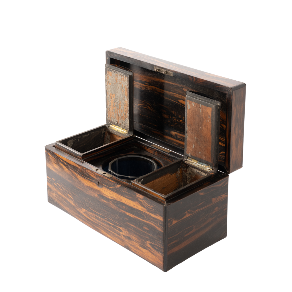 A dark brown wooden box with a rich grain pattern, shown open to reveal a circular opening inside. The box features a hinged lid with two small side panels and is photographed on a solid white background.