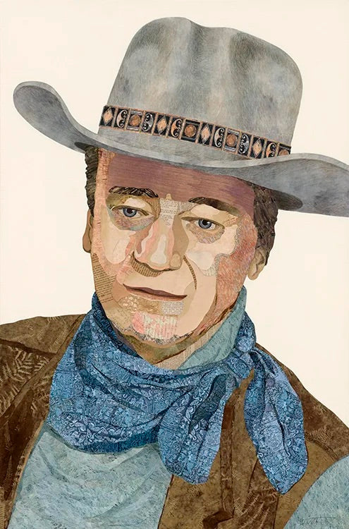 A stylized portrait painting of a cowboy wearing a wide-brimmed gray hat with a patterned band, a brown vest, and a blue bandana around his neck, set against a plain off-white background.