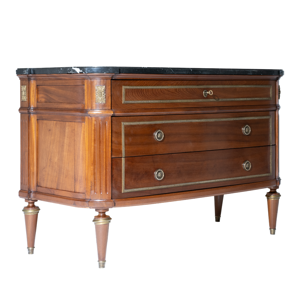 Wooden dresser with marble top on a white background