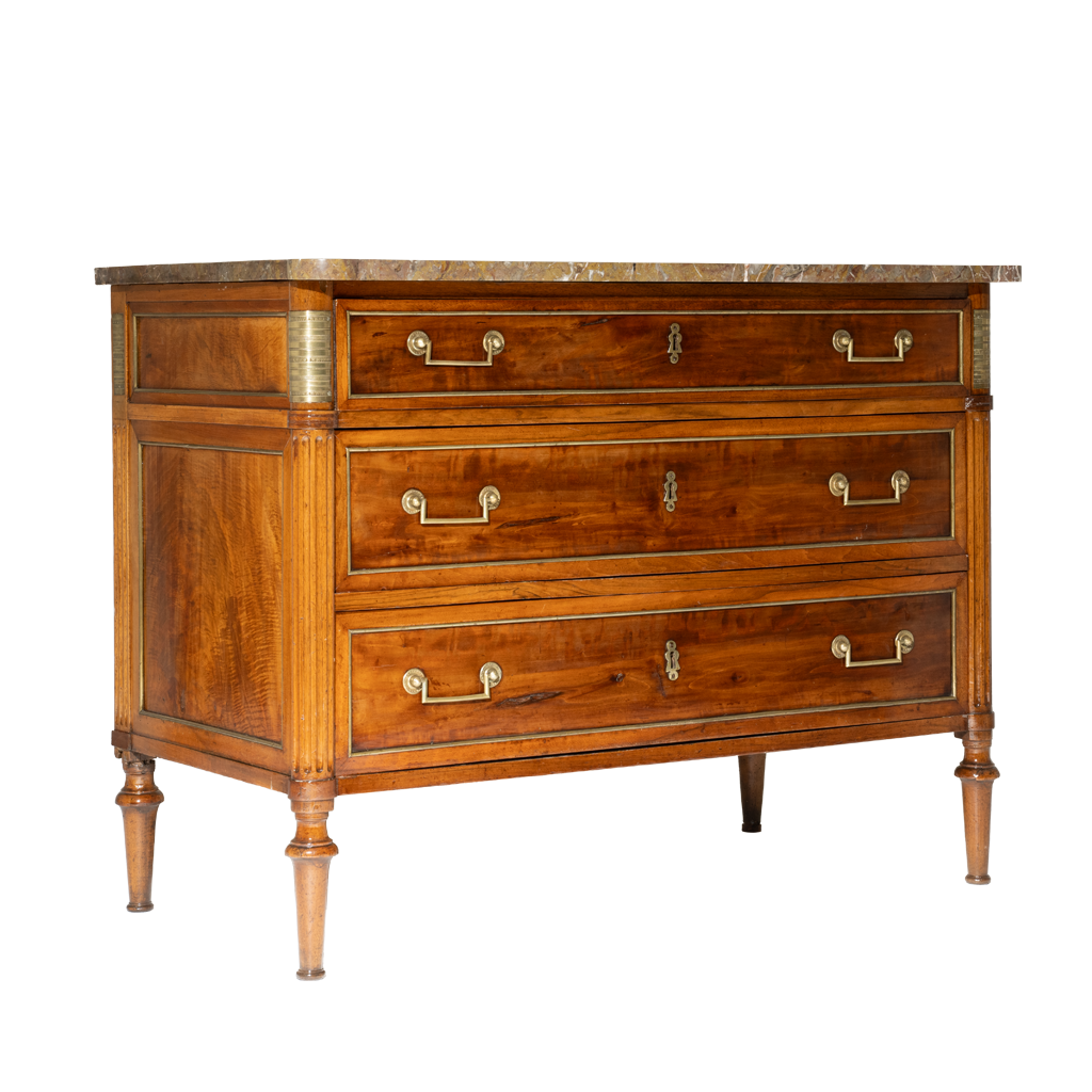 Wooden dresser with marble top on a white background