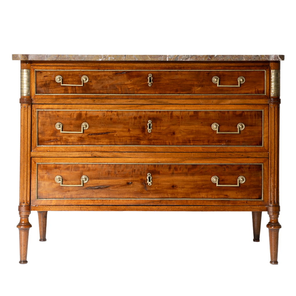 Wooden dresser with marble top on a white background