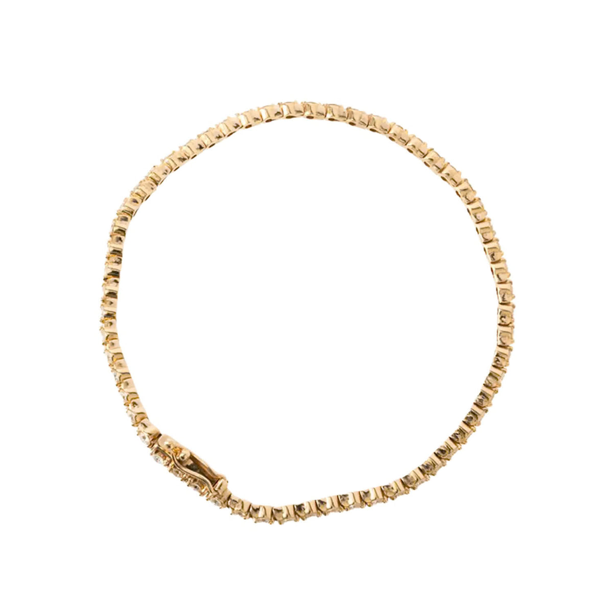 A gold tennis bracelet with a box-link design, displayed in a circular shape against a solid white background.
