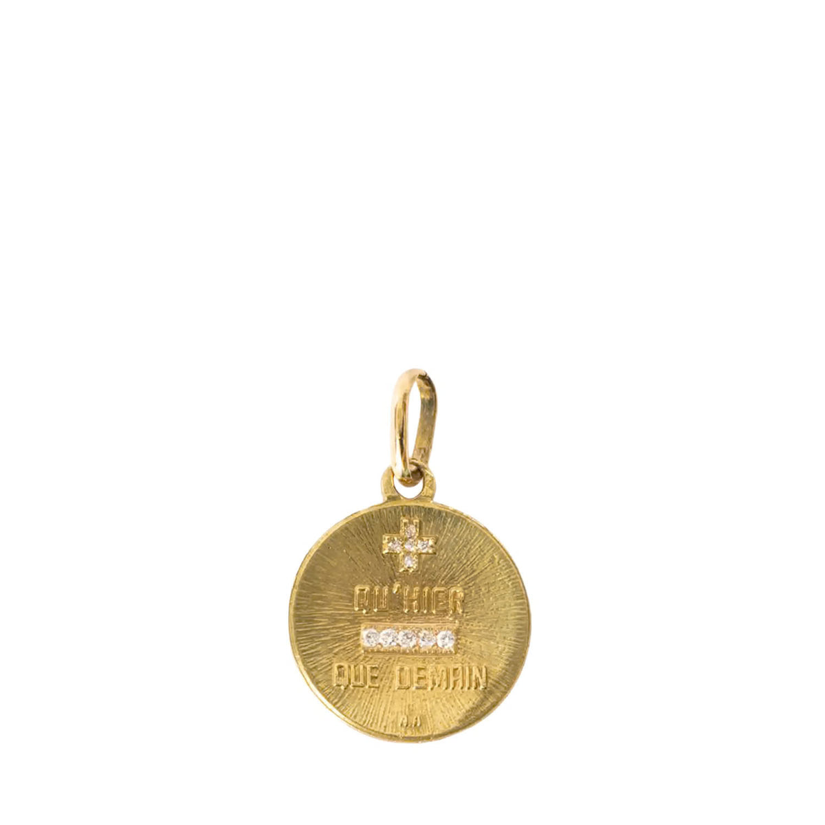 A round gold pendant charm featuring a textured finish, a small cross at the top, and the engraved text 'CH'ICOR 18K' and 'QUE DEMAIN' with a small row of clear stones in the center, shown on a plain white background.