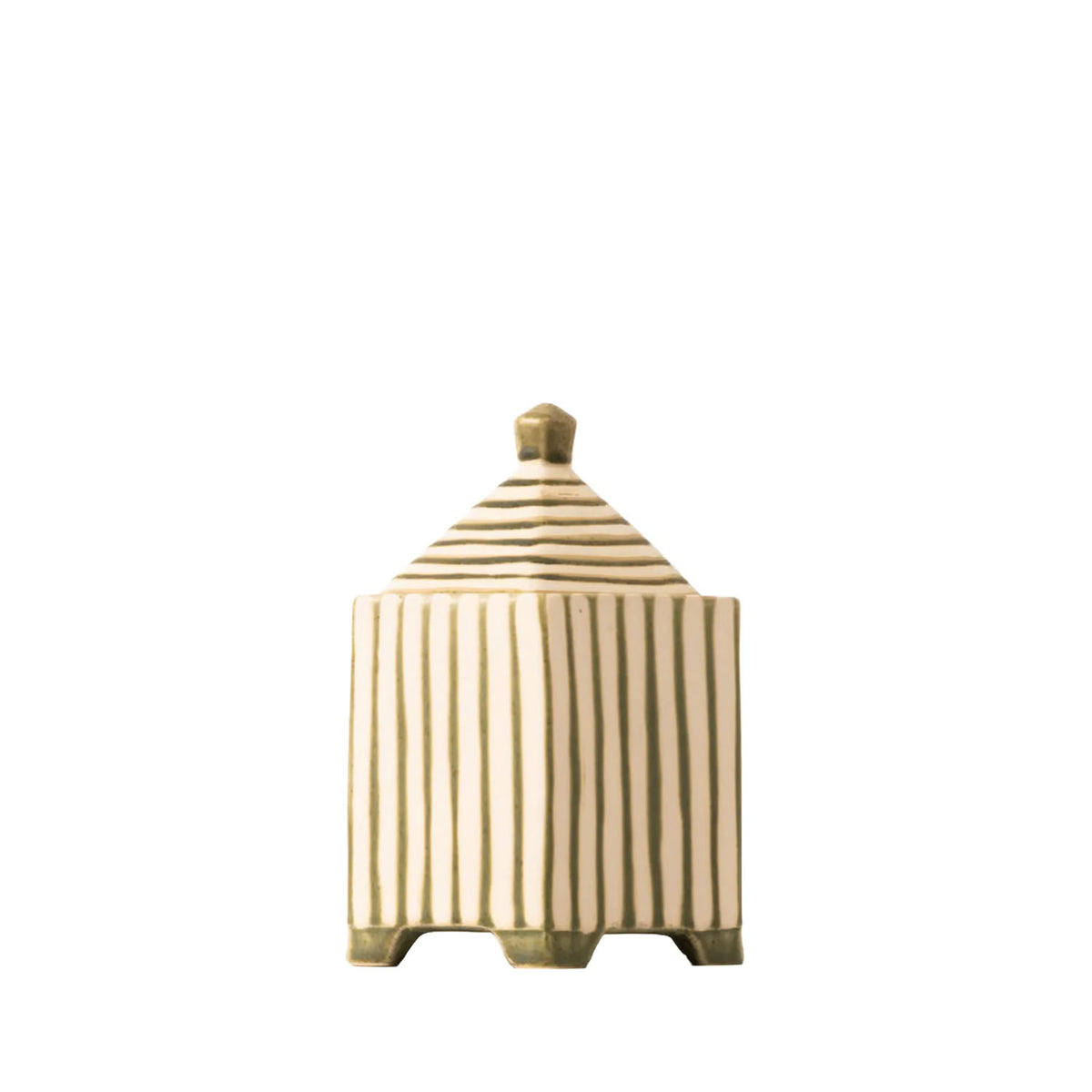 A small decorative ceramic lidded box with a pointed top, featuring vertical hand-painted stripes in a warm cream and olive green glaze, isolated on a white background.