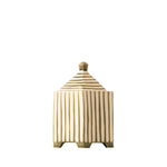 A small decorative ceramic lidded box with a pointed top, featuring vertical hand-painted stripes in a warm cream and olive green glaze, isolated on a white background.